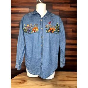 Vintage 90’s Scarecrow Fall Solutions Women Jean Shirt Blue Fall Embroidery Sz S